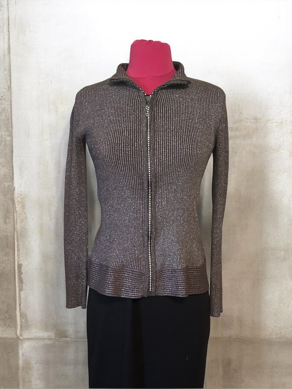 Metallic Pewter Ribbed Zip-Front Women's Sweater with Crystal Zipper